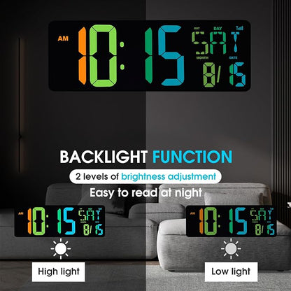 XREXS Large Digital Wall Clock Bluetooth Sync, 17.2" RGB Color Changing Digital Clock with Remote Control, Adjustable Brightness Grandfather Clock, Temperature for Home, Gym and Classroom