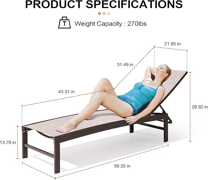 Crestlive Products Lounge Chair Outdoor Set of 2, Metal Pool Chaise Lounge