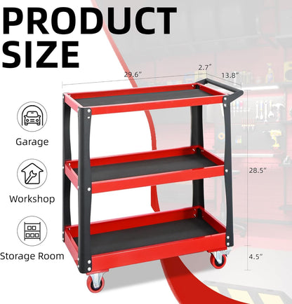 3 Tier Tool Cart with Wheels, Heavy-Duty Steel Utility Rolling Cart, 660 lbs Loading Capacity for Workshop, Garage, Warehouse, Repair Shop