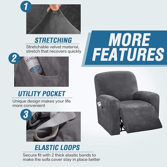 H.VERSAILTEX Velvet Stretch Recliner Couch Covers 4-Pieces Style Recliner Chair