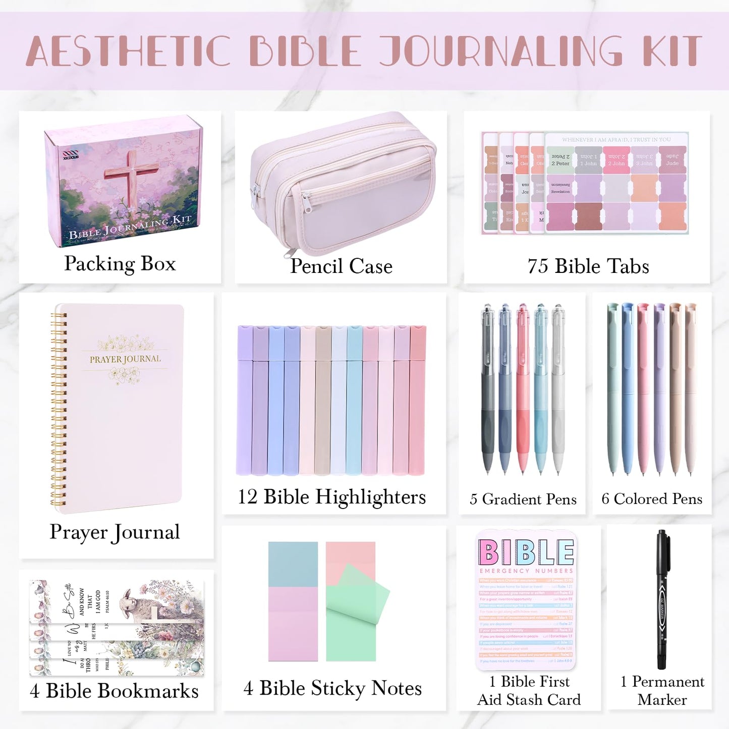 XKDOUS Bible Study Supplies Journaling Kit for Women, Bible Study Kit, 12 Pastel Highlighters and 12 Pens No Bleed, 75 Laminated Tabs, Prayer Journal Pencil Case and More, Beige