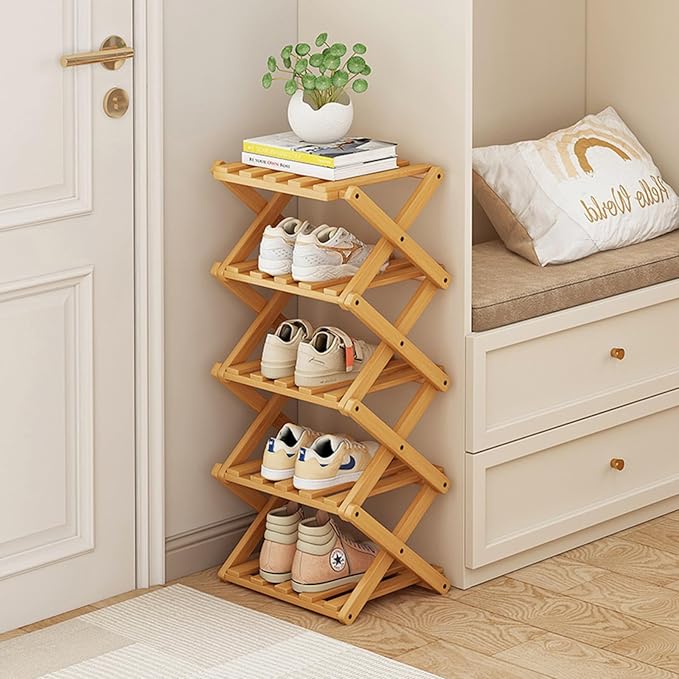 Foldable Shoe Rack, Bamboo Vertical Shoe Organizer Tall