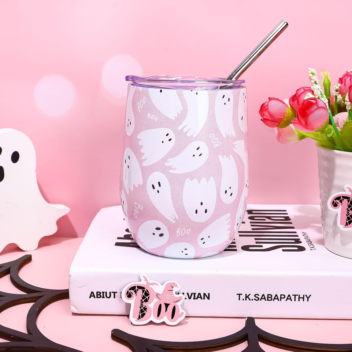 JarThenaAMCS Halloween Wine Tumbler with Straw and Lid Ghost Stainless Steel Travel Coffee Tumbler Mug for Women Girlfriend Besties Wife Lover Spouse Gifts