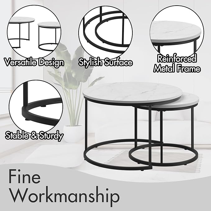 Homy Casa 27.6inch Round Coffee Table Set of 2, Modern Nesting Coffee Tables