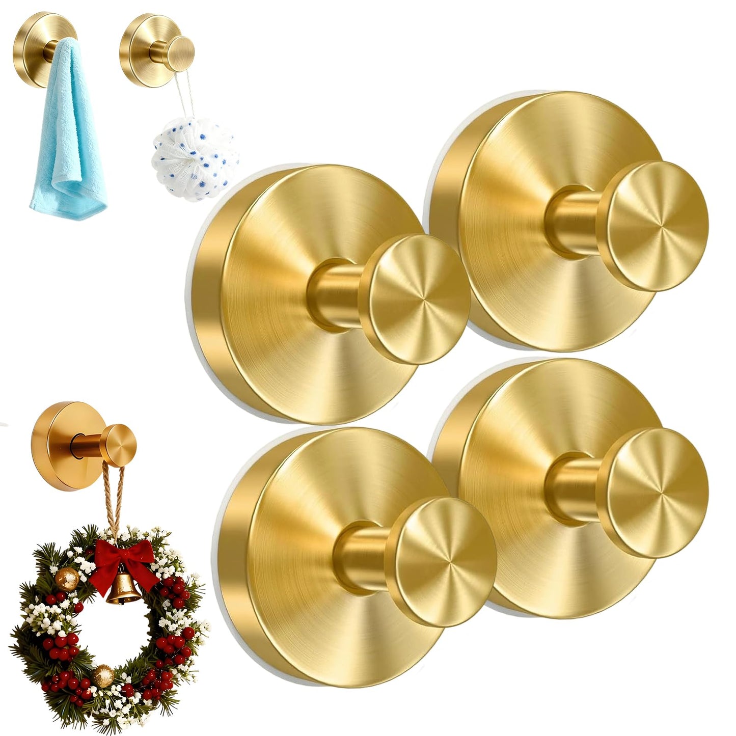 4 Pack No Drill Suction Cup Hooks-Strong Grip Wreath Hanger for Door, Window, Glass, Mirror|Reusable for Front Door Glass Window Mirror Bathroom Wall,Fall, Halloween, Christmas, Welcome Sign (Gold)