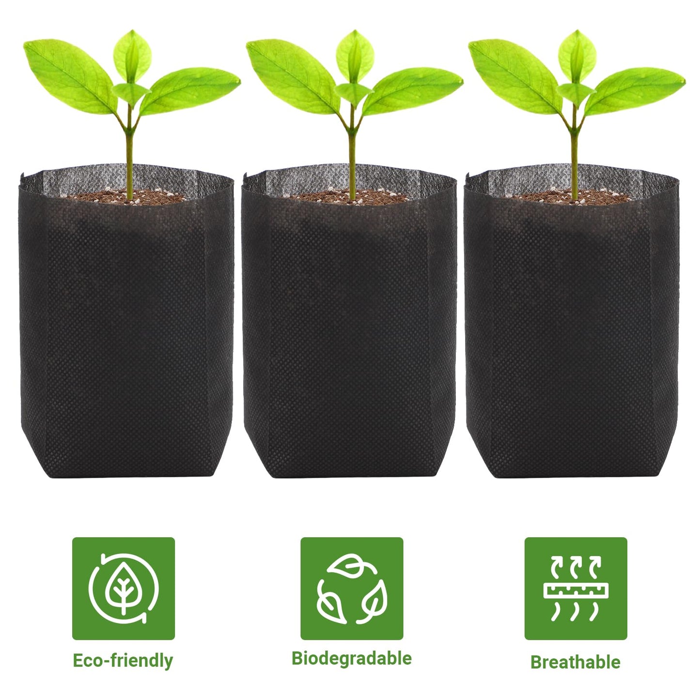 GREANER 200 PCS Biodegradable Grow Bags, Non-Woven Fabric Growing Pouches, Plant Nursery Bags for Planting, Grow Bags for Seed Starting, Soil Transplant, Home Garden Supply(5.5x5.7in)