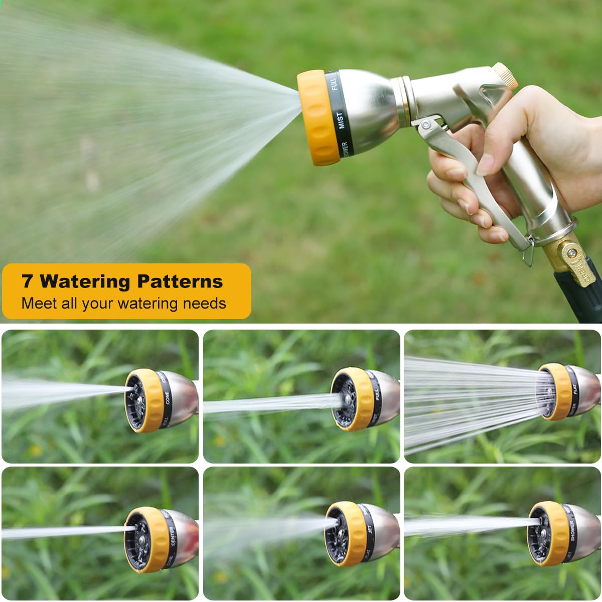 FANHAO Garden Hose Nozzle Heavy Duty, 100% Metal Water Hose Nozzle Sprayer High Pressure Spray Nozzle with 7 Spray Patterns for Watering Garden, Washing Cars and Showering Pets