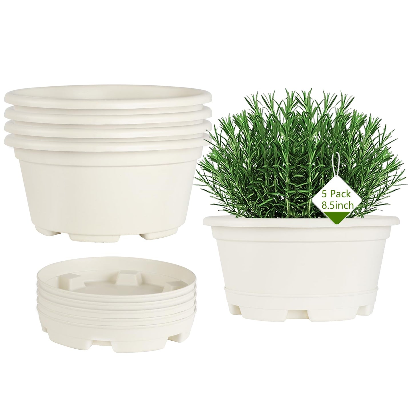 KPUVX 5 Pack 8.5 inch Plant Pot,Outdoor Flower Pots,Plastic pots for Plants Indoor with Drainage Holes and Trays, Decorative Garden Containers Sets for Houseplants