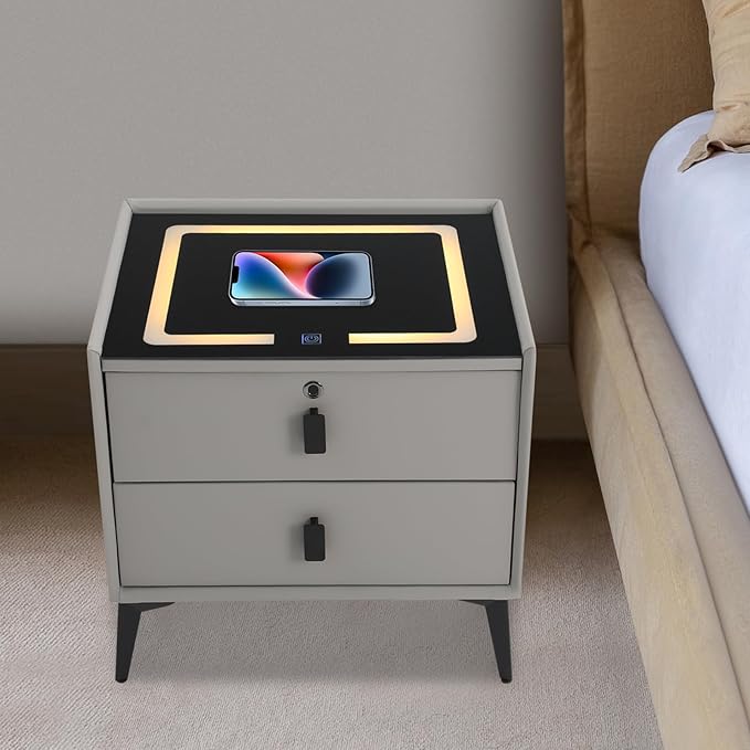 Smart Nightstand w/Fingerprint Lock Drawers, Smart Bedside Table w/USB Charging