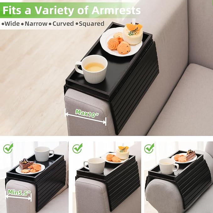 GEHE Bamboo Sofa Arm Tray, Foldable Couch Arm Tray Side Table, Anti-Falling