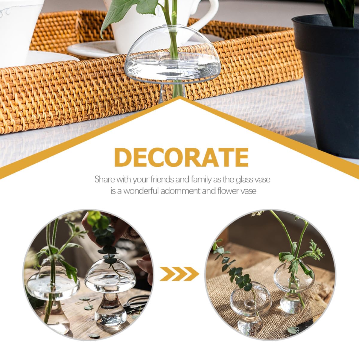 MALUGOGO 2pcs Glass Mushroom Vase Hydroponic Plant Vases Desktop Flower Pot Terrarium for Indoor Home Office Décor