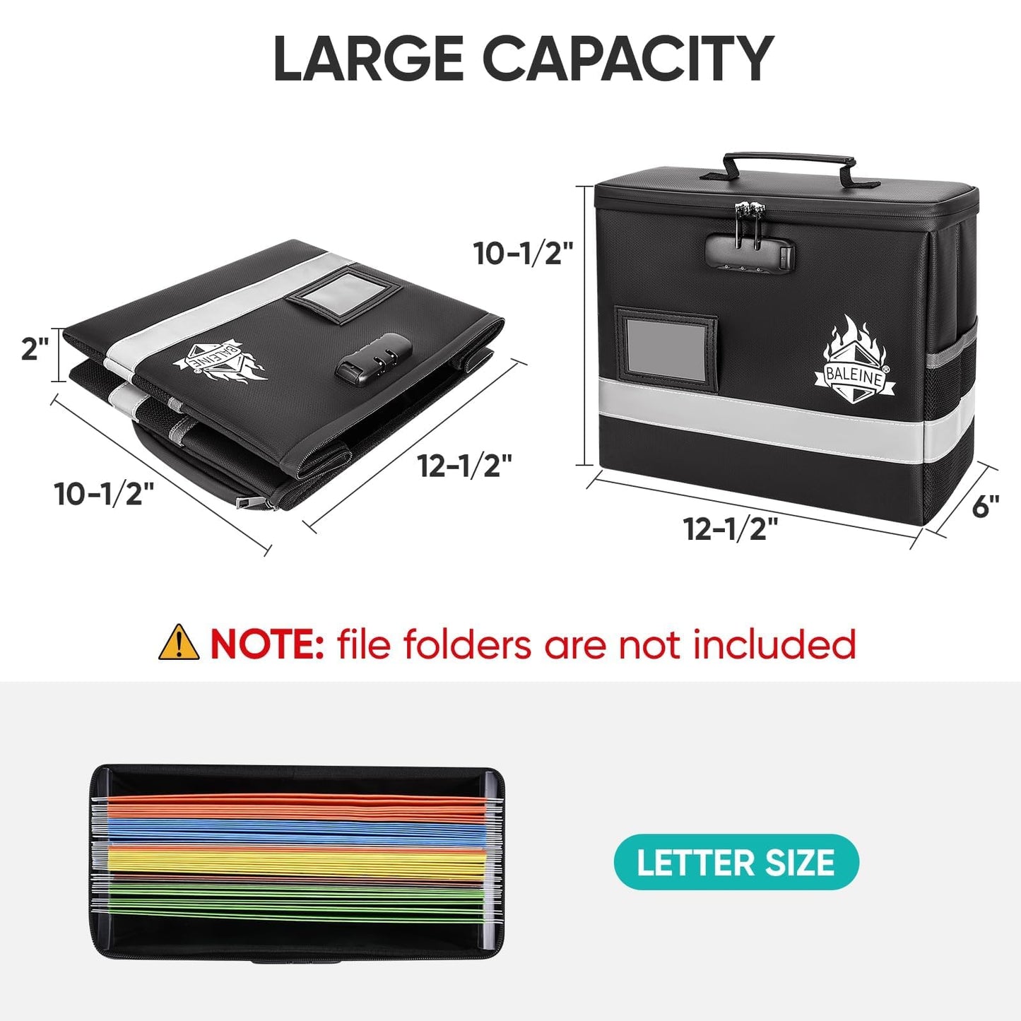 BALEINE Fireproof Document Box with Lock, Portable Fireproof Document Bag Waterproof Fire Proof File Boxes for Documents, File Organizer Box for Important Paperwork (Black, 12.5''x10.5''x6'')