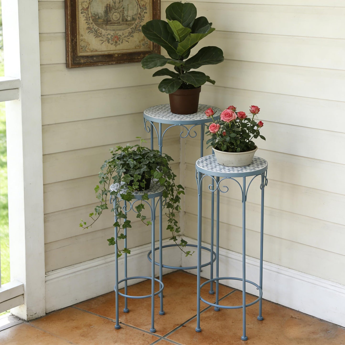 Metal Plant Stand Set of 3 Round Ceramic Top 28" Tall Mosaic Flower Stand Tile Nesting Display Side Table Indoor Outdoor Plant Rack Flower Holder for Wedding Party Patio Living Room Frame Stackable Garden Accessory Decorative Blue