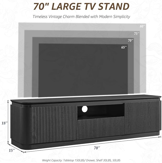 70" Fluted TV Stand for TVs Up to 80", Mid Century Modern Entertainment Center