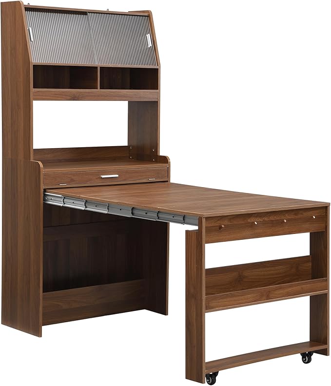 Spaco 2-in-1 Folding Dining Table and Buffet Cabinet Set, Compact Pull-Out