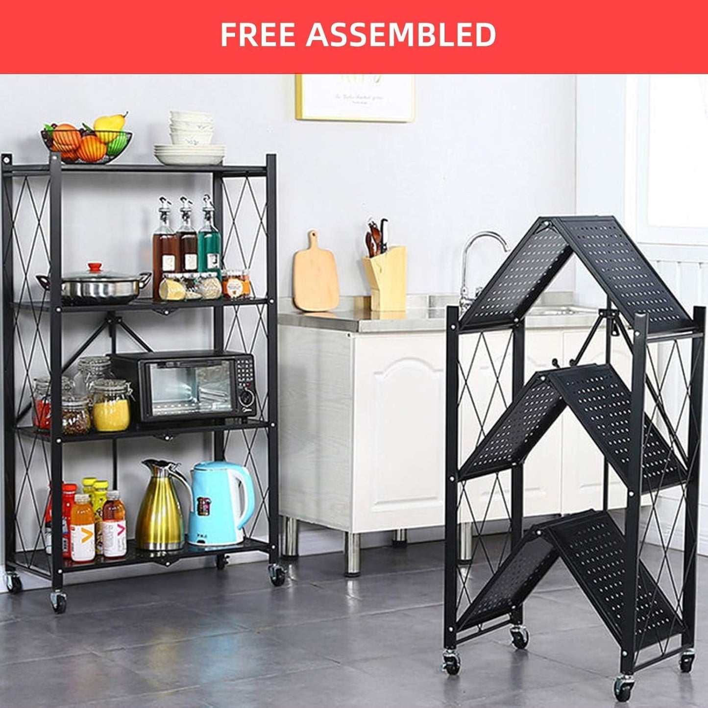 Kitchen Garage Metal Shelves, Storage Shelves Organizer, Foldable Metal Shelving, Closet Shelving Unit, 28" W x 14" D x 50" H Bakers Rack Microwave Stand, Plant Stand with Wheels (4-Tier Shelf)