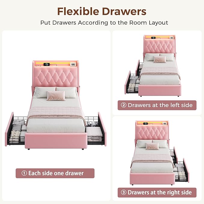 Twin LED Velvet Bed Frame with 2 Storage Drawers&Hidden Headboard, Upholstered