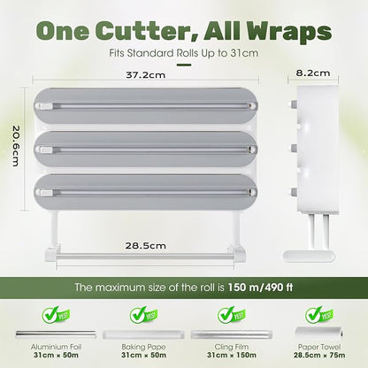 Aluminum Foil & Plastic Wrap Dispenser with Cutter - Magnetic & No-Drill Wall Mount, Cling Film Dispenser with Paper Towel Holder, Space-Saving 4-in-1 Kitchen Organizer - Fits 12" Roll, White