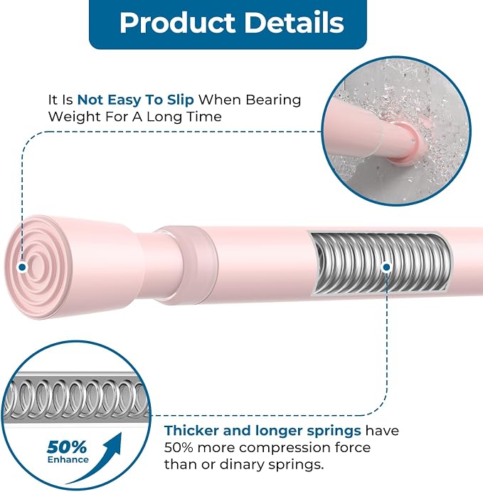 AIZESI Spring Tension Rods Adjustable Tension Curtain Rod Small Tension Rod No Drilling Expandable Spring Loaded Curtain Tension Rod（Pink,26" to 39"-1Pcs)