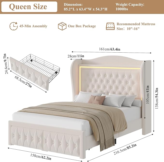 Queen Bed Frame 55" Tall Headboard