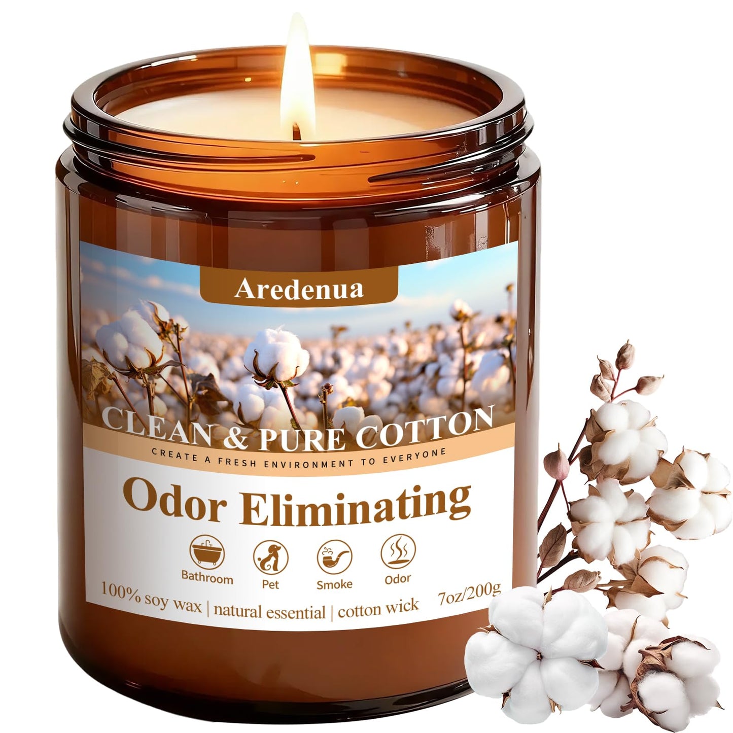 Clean & Pure Cotton Odor Eliminating Candles | Eliminates 95% of Pet, Smoke & Bathroom Odors – 7 oz Hand Poured Non-Toxic Soy Candle - Fresh Air Scented Candle Gentle for Pet - Gifts for Families
