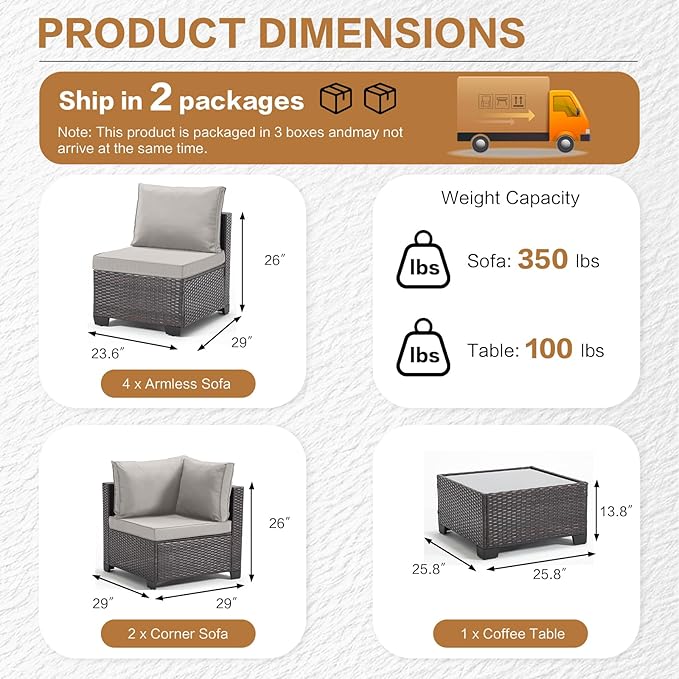 MOCHITO 5 Pieces Outdoor Patio Furniture Sets, All-Weather Sectional Sofa Dark
