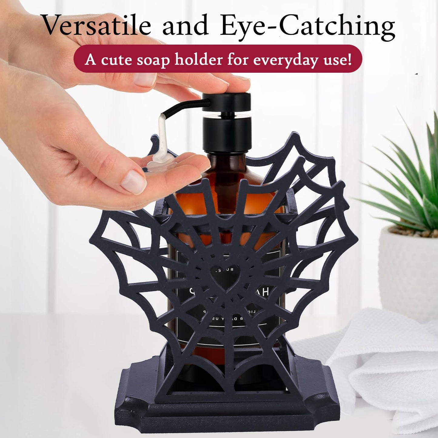 CEFLITECO Spider Web Soap Dispenser Holder – Heart-Shaped Halloween Spider Web Hand Soap Holder for Bathroom – Gothic Wooden Soap Dispenser for Spooky Bathroom Decor – Witchy Gifts for Women