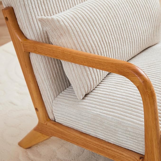 Mid-Century Modern Accent Chair Beige Rubberwood Frame Living Room Bedroom