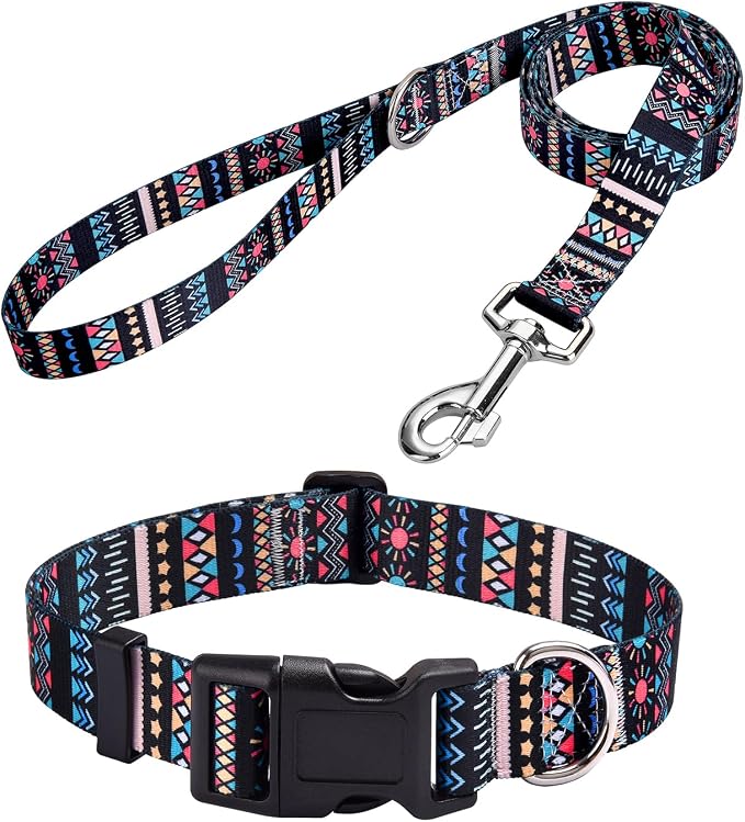 MarukoPet Dog Collar and Leash Set, Adjustable for Small Medium Large Dogs Puppy, Cute Design with Bohemia Floral Tribal Geometric Patterns Boys Girls Dog Collar(Black Bohemia Set,M)