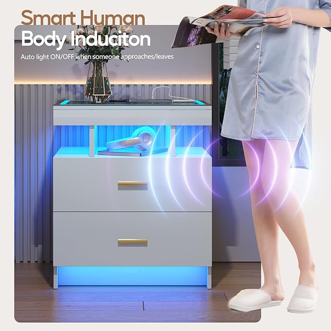 LED Nightstand with Wireless Charging Station, Glass Top Smart Bedside Table
