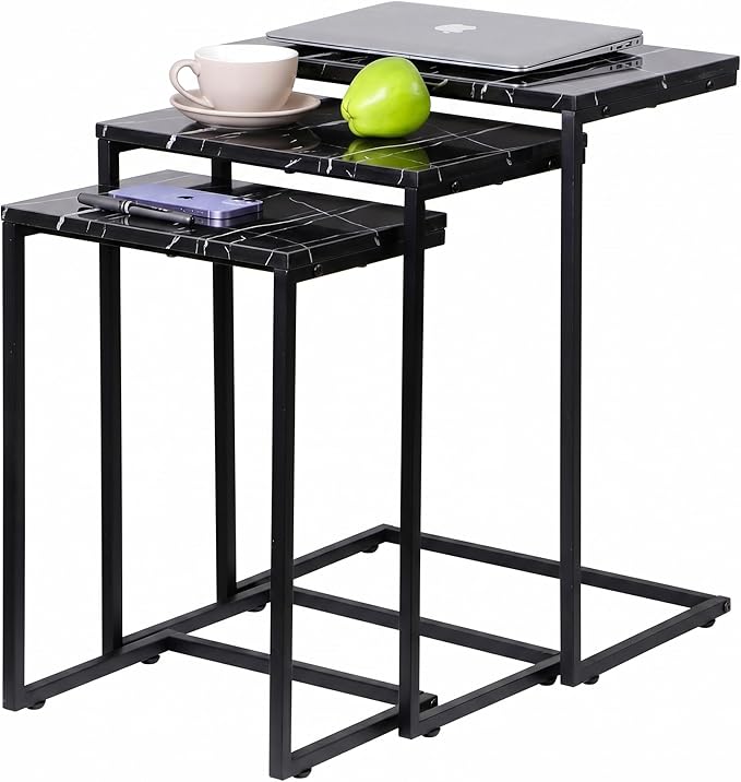 SUPER DEAL Nesting Tables Set of 3, Industrial C Shaped End Table Stackable