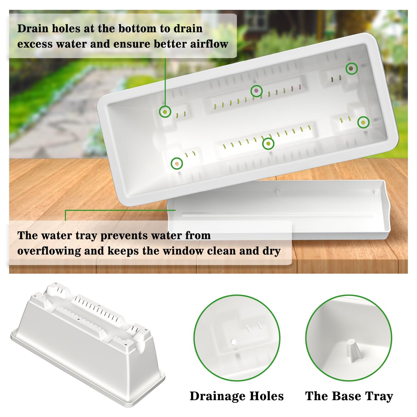 8pcs Rectangle Window Boxes Planters, 17 Inches Long Window Sill Planter Box Outdoor, Plastic Rectangular Window Flower Herb Pots Indoor with Drainage Holes and Trays for Garden Windowsill Light Grey