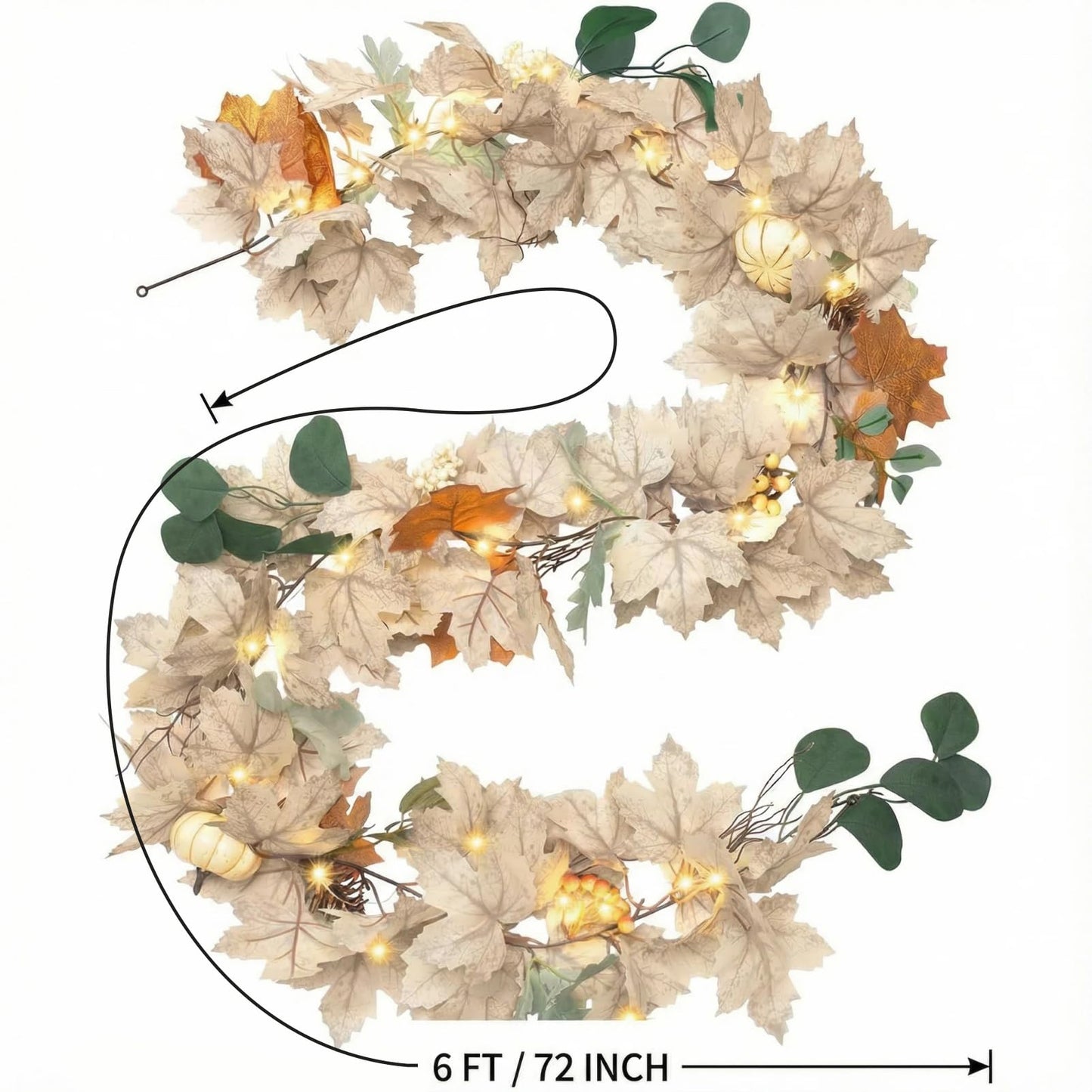 Pre - Lit Fall Garland, Fall Decor with Maple Leaves & Pumpkins, 6FT Seasonal Wreath for Home Decorations & Displays (Warm Lights)