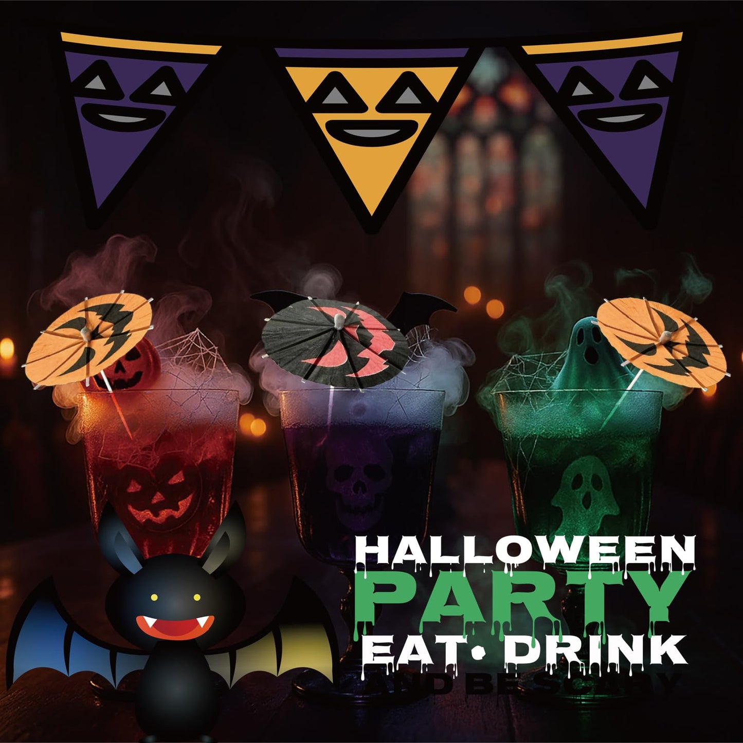140 Pcs Halloween Pumpkin Cocktail Umbrella Picks - Spooky Fun Drink Stirrers, Fruit Cupcake Toppers for Festive Parties & Decorations (Red-Black)