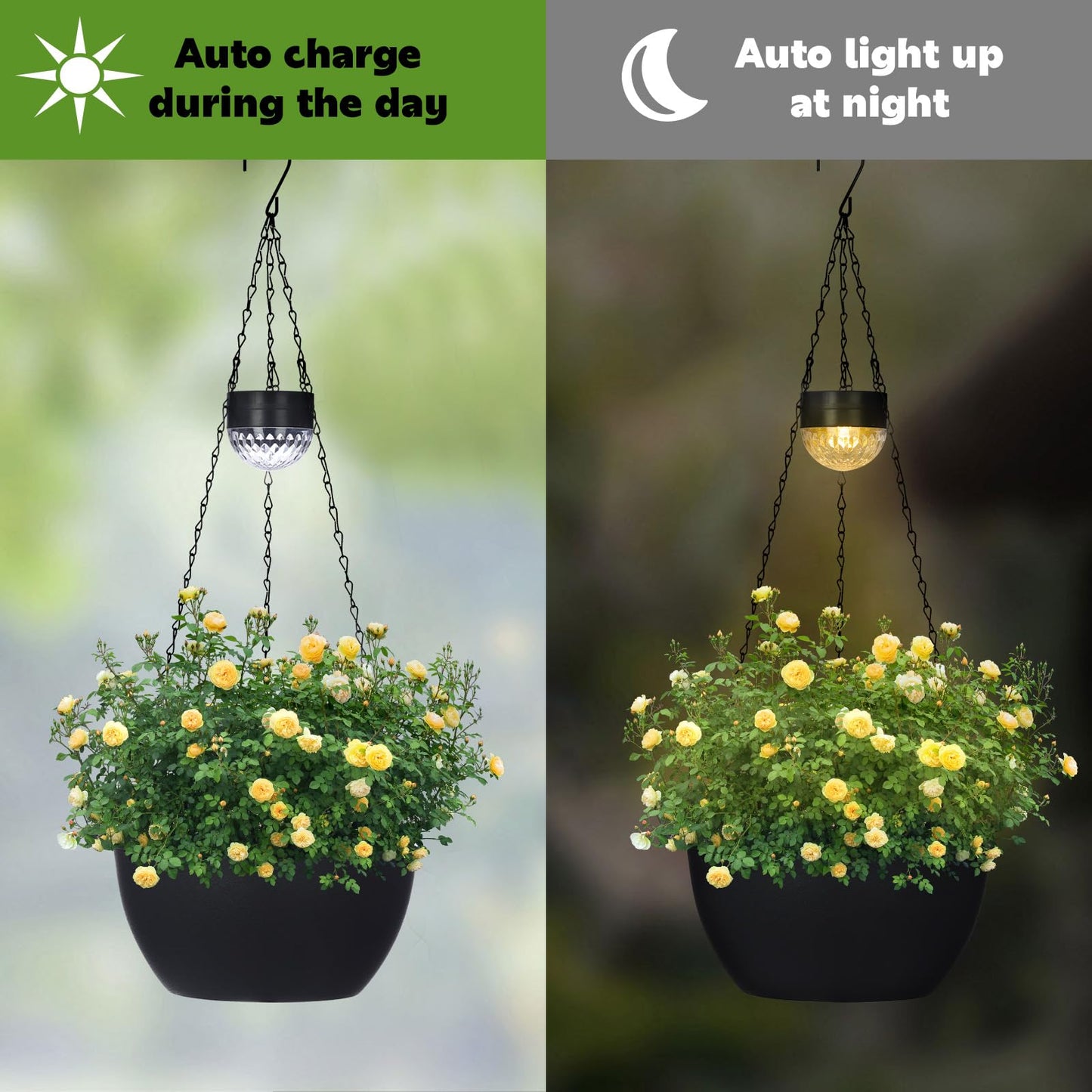 BAYN 2 Packs Solar Hanging Basket Planters for Plants Outdoor, Self Watering Black Flower Plants Pots with Solar Light Drainer for Balcony Patio Garden Outdoor Decoration