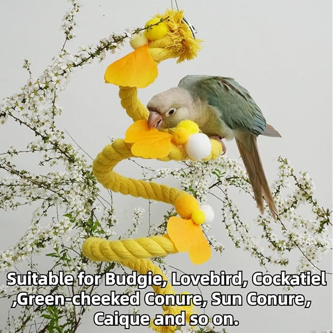 Bird Toys, Rope Perch for Parrots, 39.3 Inches Long, Brightly Colored Handmade Chew Toy, Spiral Design Bird Cage Climbing Rope for Lovebird Conure Quaker Budgie Cockatiel (Yellow)