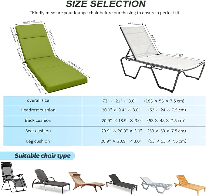 2 Pcs Outdoor Chaise Lounge Cushion 72" x 21" x 3", 4-Section Folding Patio