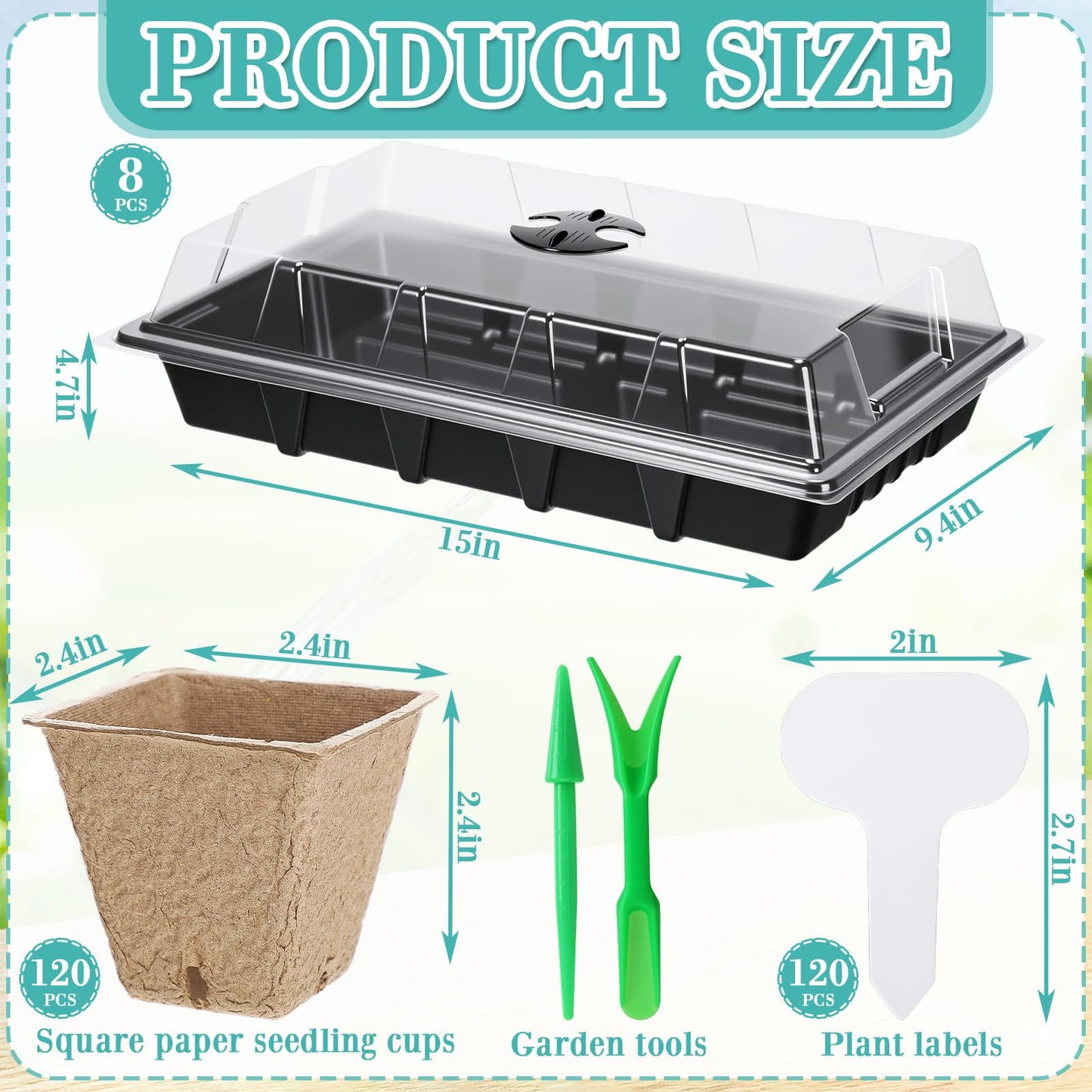 Baderke 8 Sets Seed Starter Tray Kit Including 120 Peat Pots for Seedlings 8 Plastic Growing Trays with Dome 120 Plant Labels and 4 Garden Tools for Outdoor Indoor Garden Plant