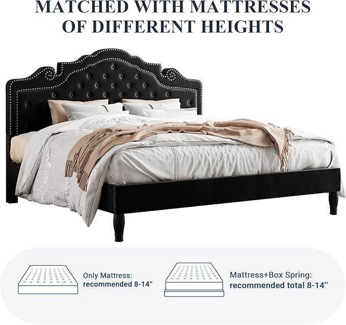 Allewie King Bed Frame with Adjustable Velvet Tiara Headboard, Upholstered