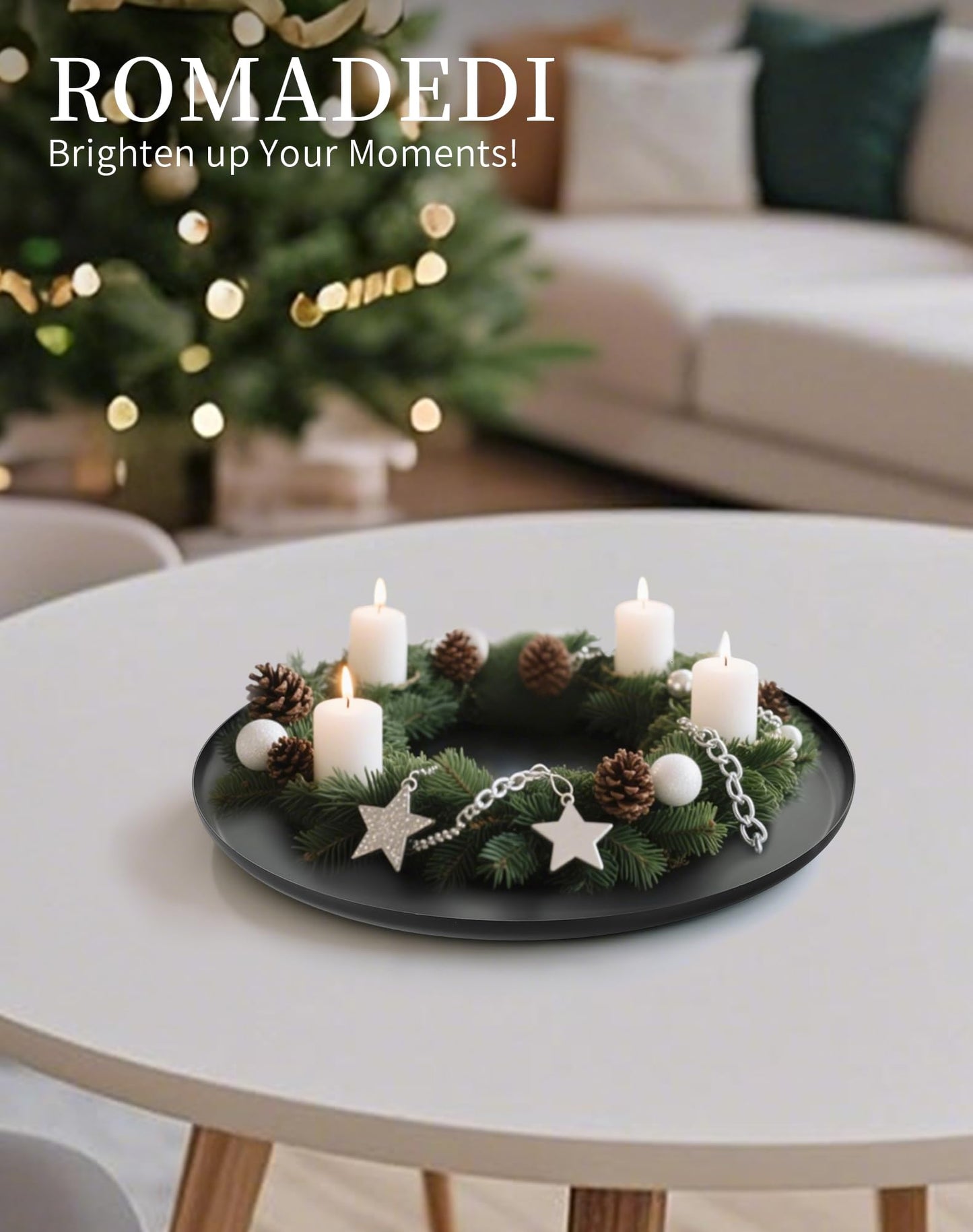 Romadedi Black Round Decorative Tray: Metal Candle Trays Decor for Coffee Table Centerpiece Large Modern Serving Tray for Kitchen Counter Farmhouse Home Decorations, 12.6 Inch