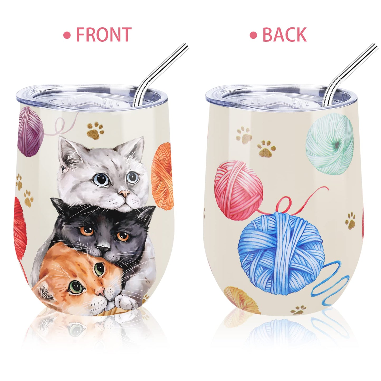 NymphFable 12oz Cat Cup Wine Tumbler With Straw and Lid Stainless Steel Travel Mug Insulated Double Wall