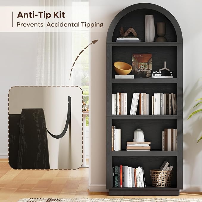 Bestier 76" Tall Arched Bookshelf, 5 Tier Arched Bookcase