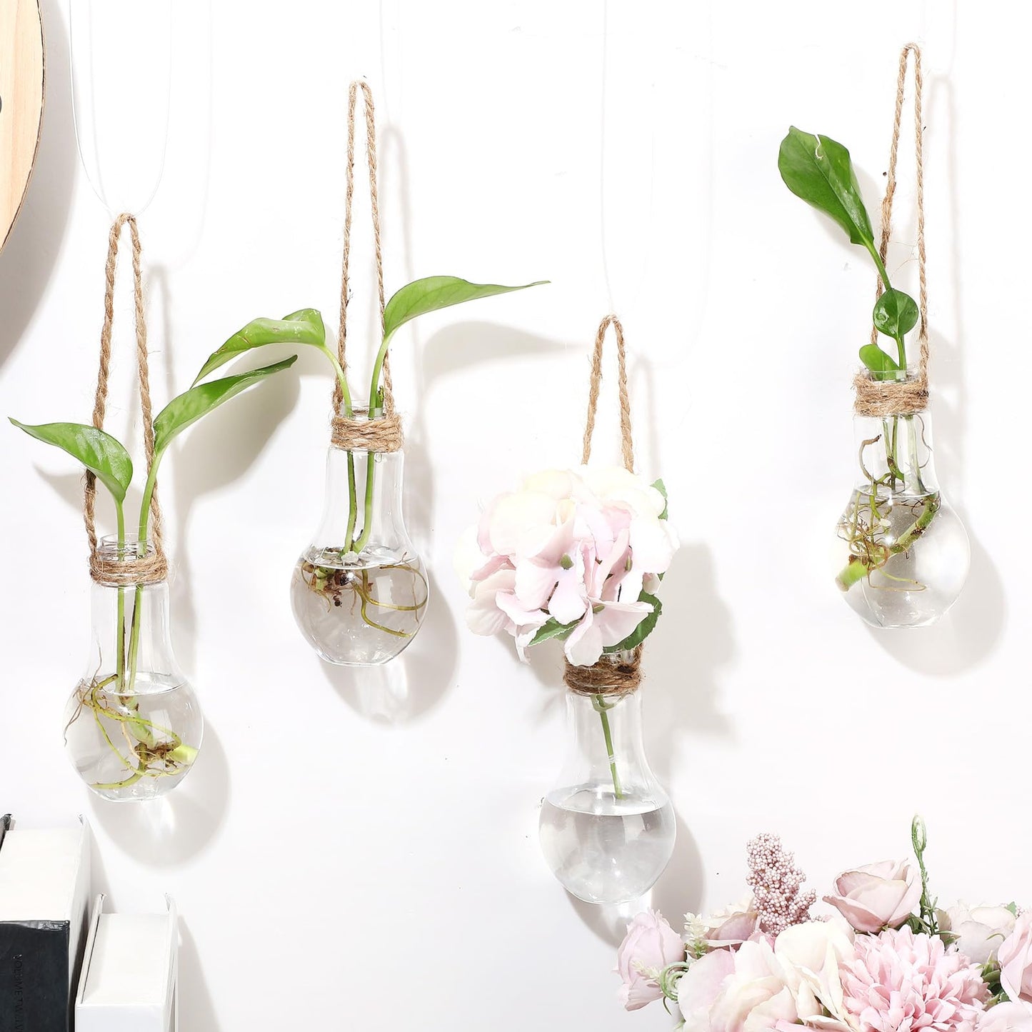 Baderke 6 Pack Hanging Propagation Station 3.9 Inch Plastic Plant Vases with Hooks & Cleaning Brush Clear Window Jars for Plant Clippings, Home Office Decor, Gardening Gifts for Women