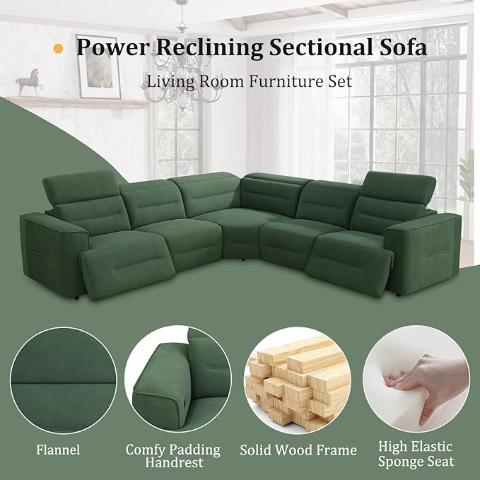 Power Recliner Sectional Sofa, L-Shaped Living Room Furniture Set, Flannel