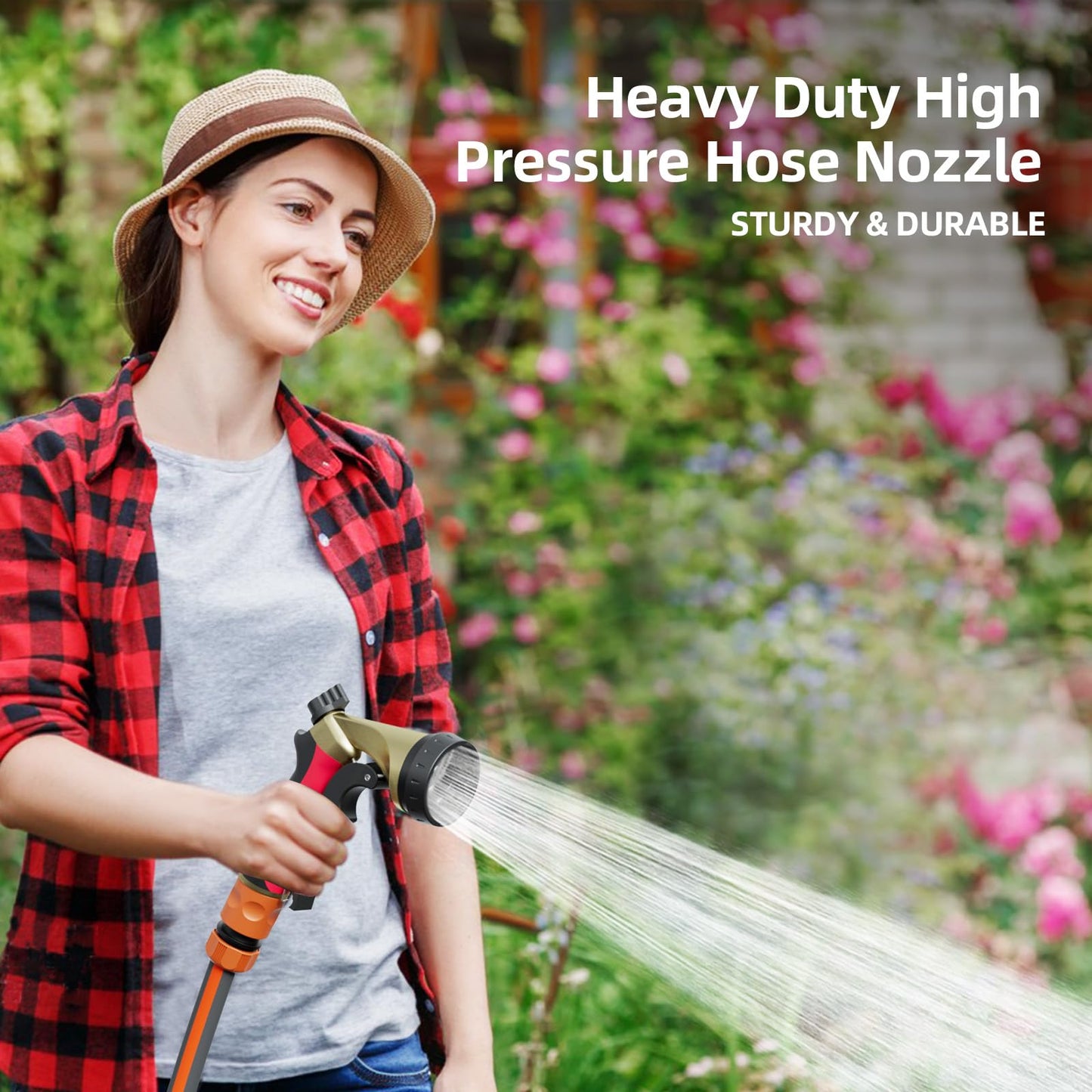 Metal Garden Hose Nozzle with 8 Spray Patterns, Full Shower Sprayer Nozzle with Thumb Control for Outdoor Lawn & Plant Watering, Car & Pet Washing, Red