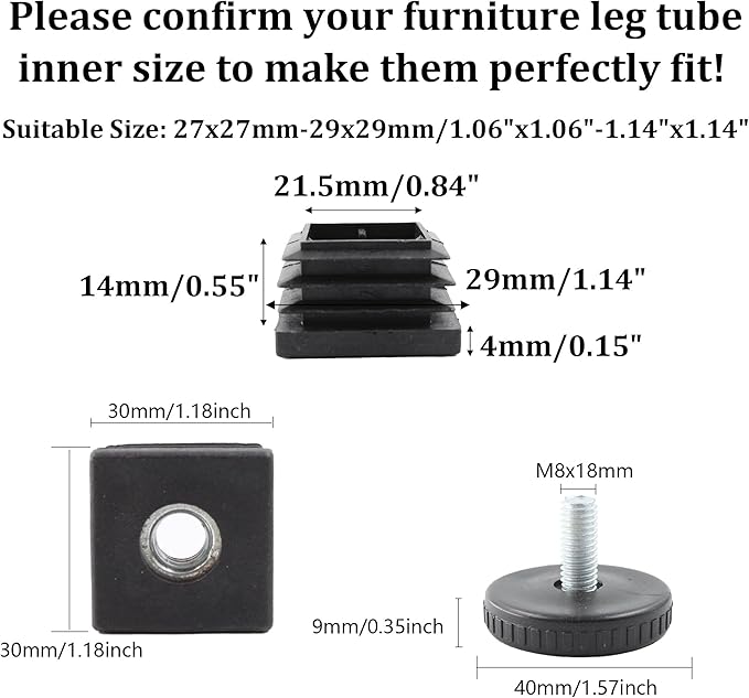 8Pcs Adjustable Leveling Feet, Square Insert Kit, Furniture Glide Leveler