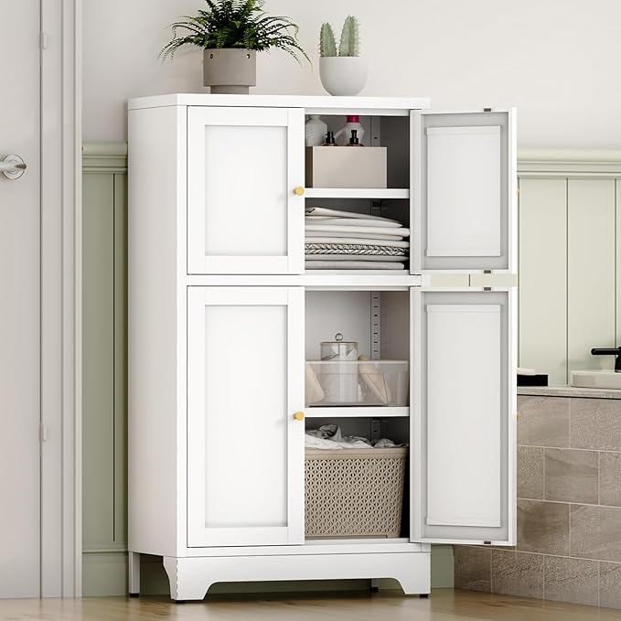 YAUWOH White Bathroom Floor Cabinet, Metal Storage Cabinet