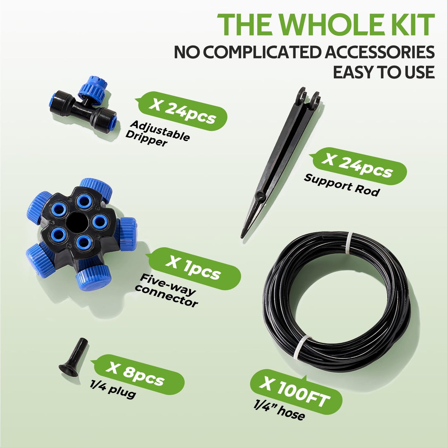 HIRALIY 100FT Garden Watering System, Automatic Drip Irrigation Kit with Adjustable Flow Nozzles, 5-Way Connector, Plastic Material, Modern Style, Ideal for Lawn, Patio, Garden, Raised Bed