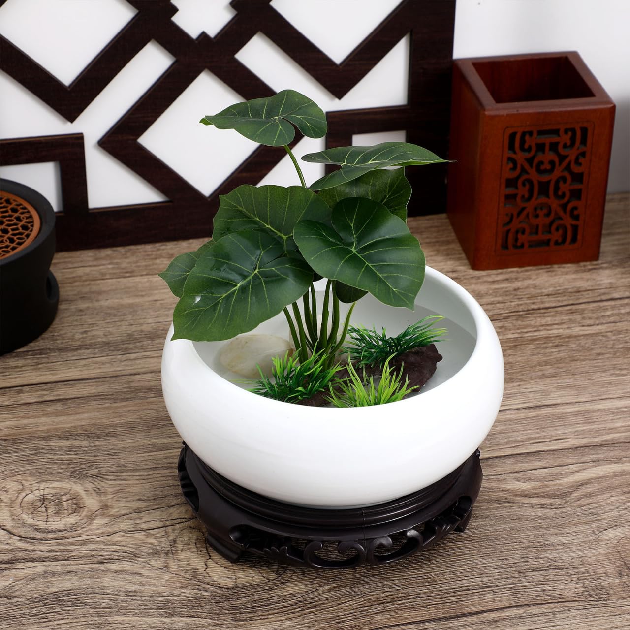 Toddmomy 6.3 Inch Lotus Ceramic Bowl Planter, Hydroponic Pot with Detachable Base, No Drainage Hole Container for Indoor Zen Decor, Office Desktop Water Gardening