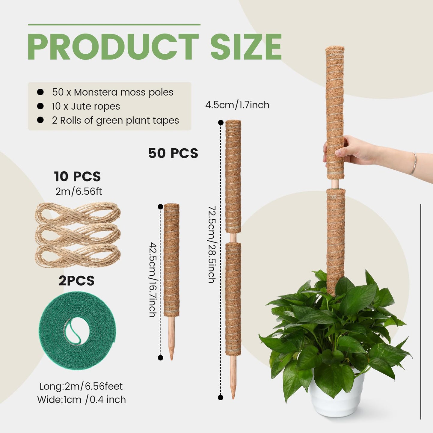 Yinder 50 Pcs Moss Pole for Plants Monstera Plant Support 16.5 Inch Coir Poles Bendable Monstera Plant Support with 10 Pcs 6.56 Feet Jute Rope and 2 Pcs 6.56 ft Garden Tape for Climbing Plants Growth
